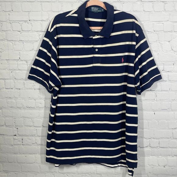 Polo Ralph Lauren Shirt Mens 2XB Blue Striped Big Pony Polo Short Sleeve - Picture 1 of 11